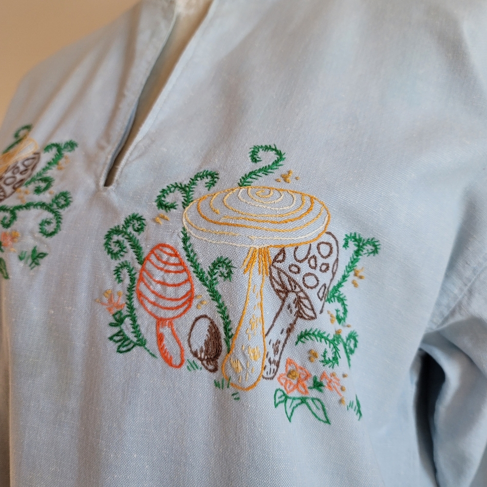 VTG 70s Embroidered Mushroom Denim Caftan Dress - Picture 16 of 16